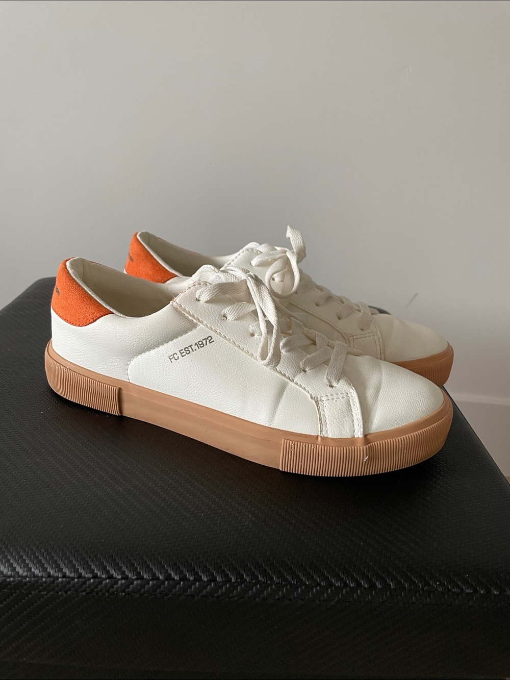 French Connection White Sneakers with Orange Heel and Tan Gum Sole